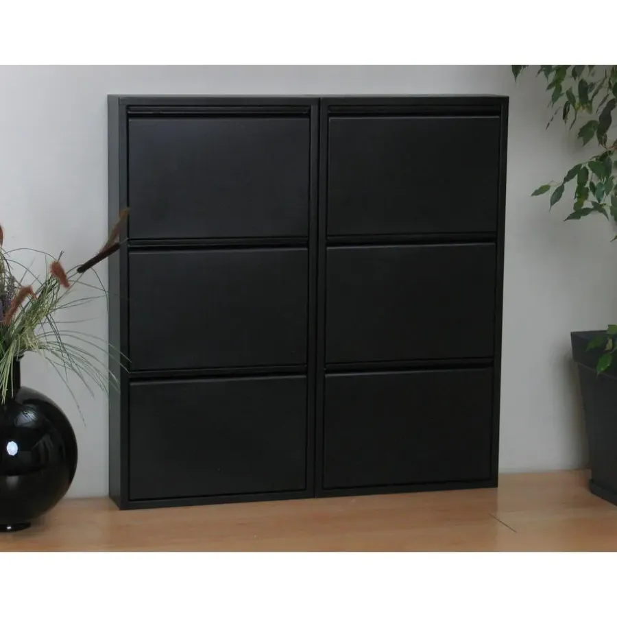 Schoenenkasten-Hioshop Pisa schoenenkast zwart metaal met 3 vakken - set van 2