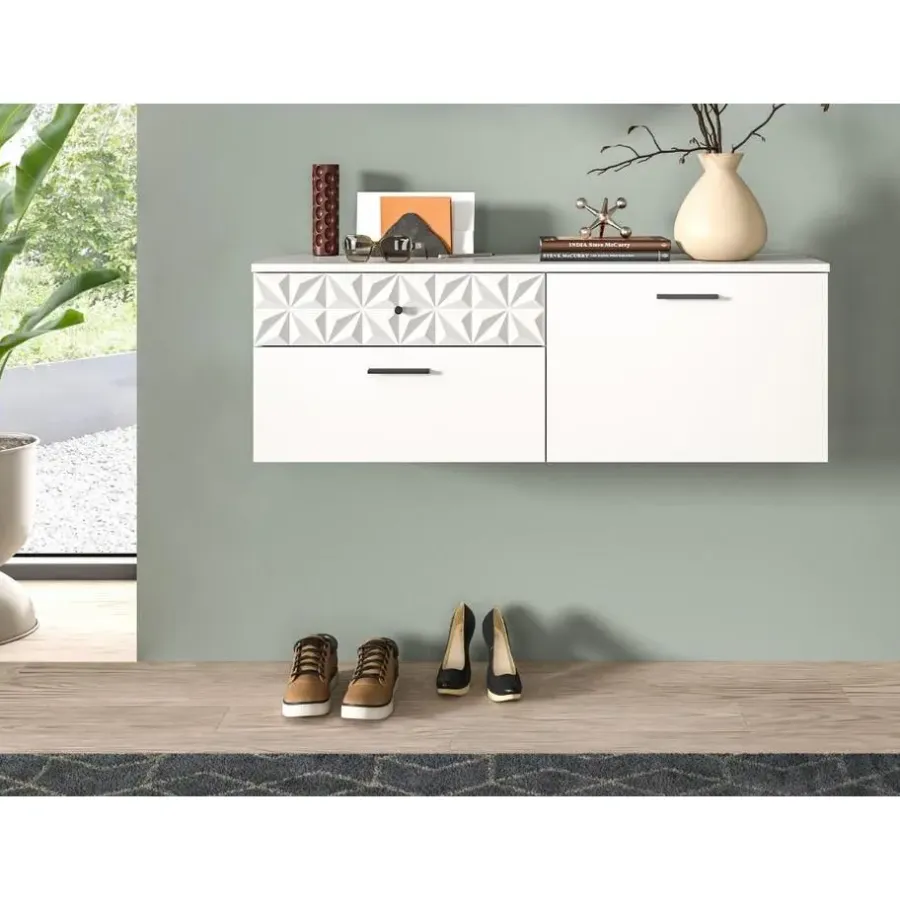 Merkloos Hioshop Prisma schoenenkast 2 schuifdeuren- 1 vouwdeur- 2 lades- 1 plank wit