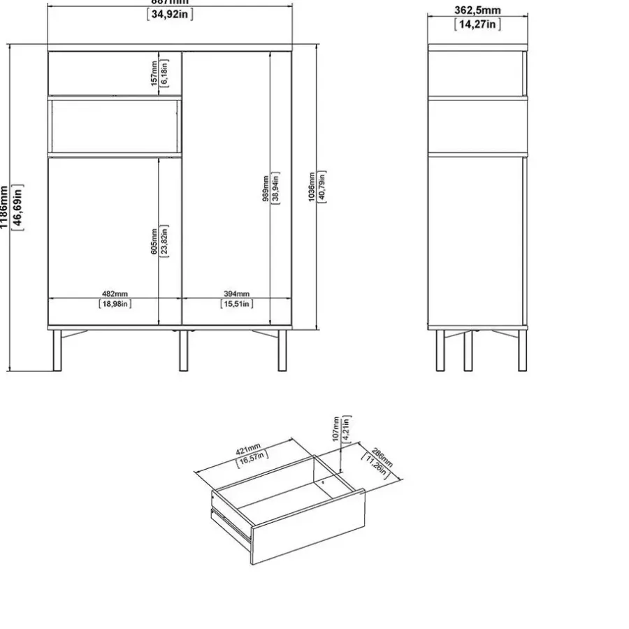 Hioshop Ringe dressoir 2 deuren- 1 lade en 1 vak zwart en walnoot decor