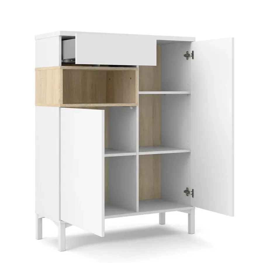 Hioshop Ringe dressoir 2 deuren- 1 lade en 1 vak wit en eiken decor