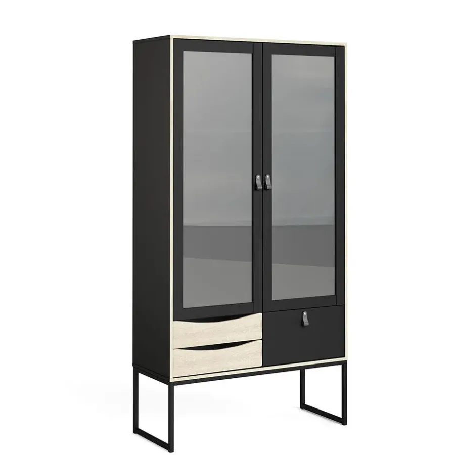 Hioshop Sady vitrinekast 2 glazen deuren- 3 lades mat zwart- eiken decor