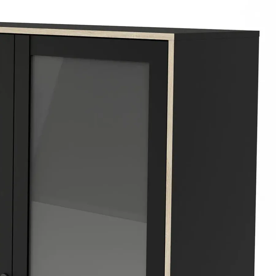 Hioshop Sady vitrinekast 2 glazen deuren- 3 lades mat zwart- eiken decor