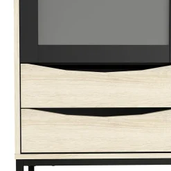 Hioshop Sady vitrinekast 2 glazen deuren- 3 lades mat zwart- eiken decor