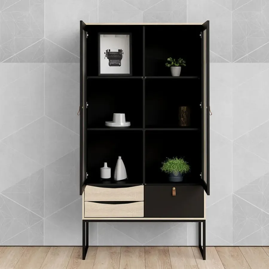 Hioshop Sady vitrinekast 2 glazen deuren- 3 lades mat zwart- eiken decor