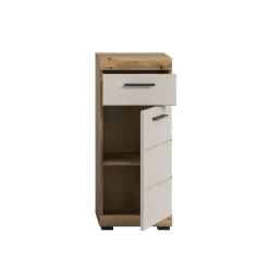 Hoge Kasten-Merkloos Hioshop Scout badkamerkast 1 deur- 1 lade kasjmier decor mat- eiken decor