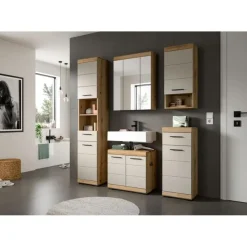 Hoge Kasten-Merkloos Hioshop Scout badkamerkast 1 deur- 1 lade kasjmier decor mat- eiken decor