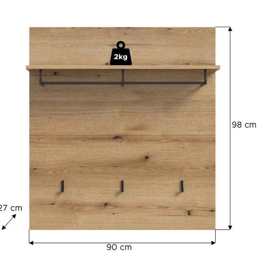 Kapstokken-Hioshop Scout kapstok 3 haken 1 kledingstang 1 plank eik decor