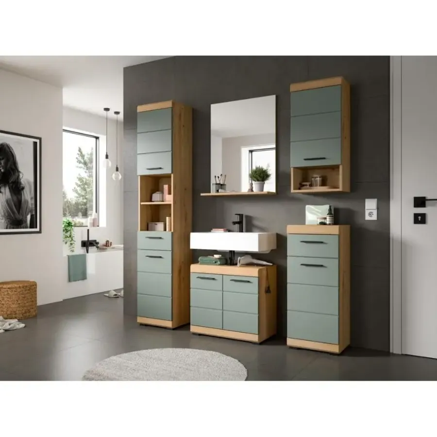 Wastafelkasten-Merkloos Hioshop Scout wastafel 2 deuren- 2 lades salvie decor- eiken decor