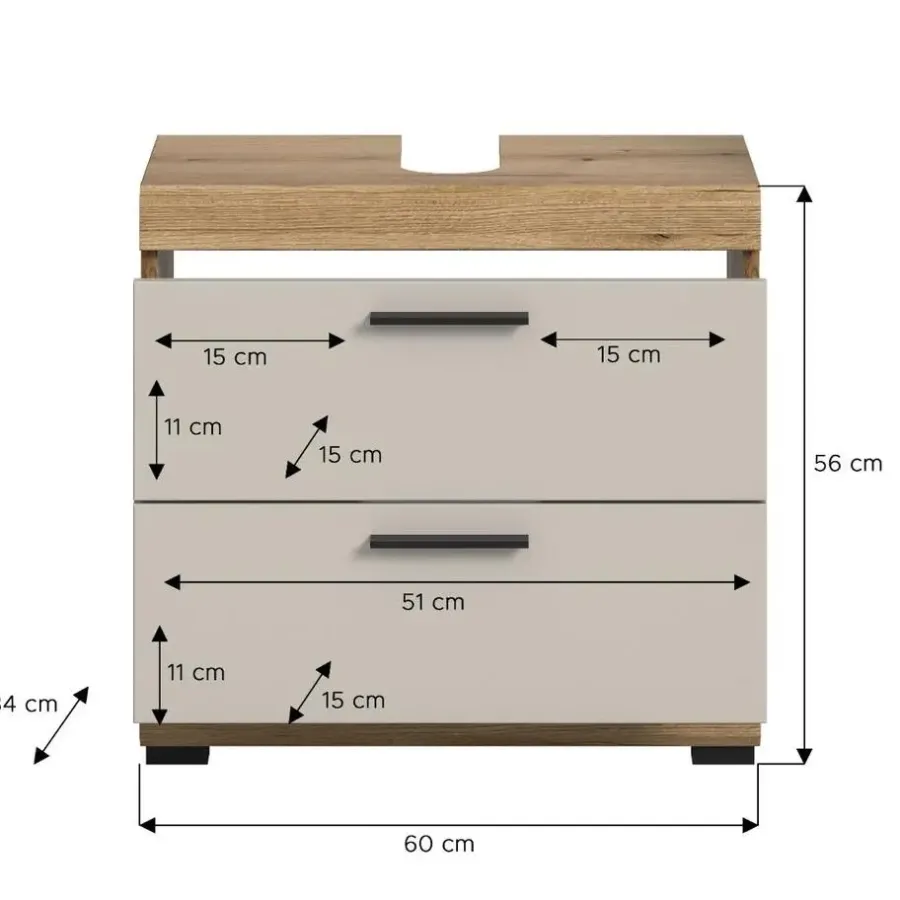 Merkloos Hioshop Scout wastafel 2 lades kasjmier decor mat- eiken decor