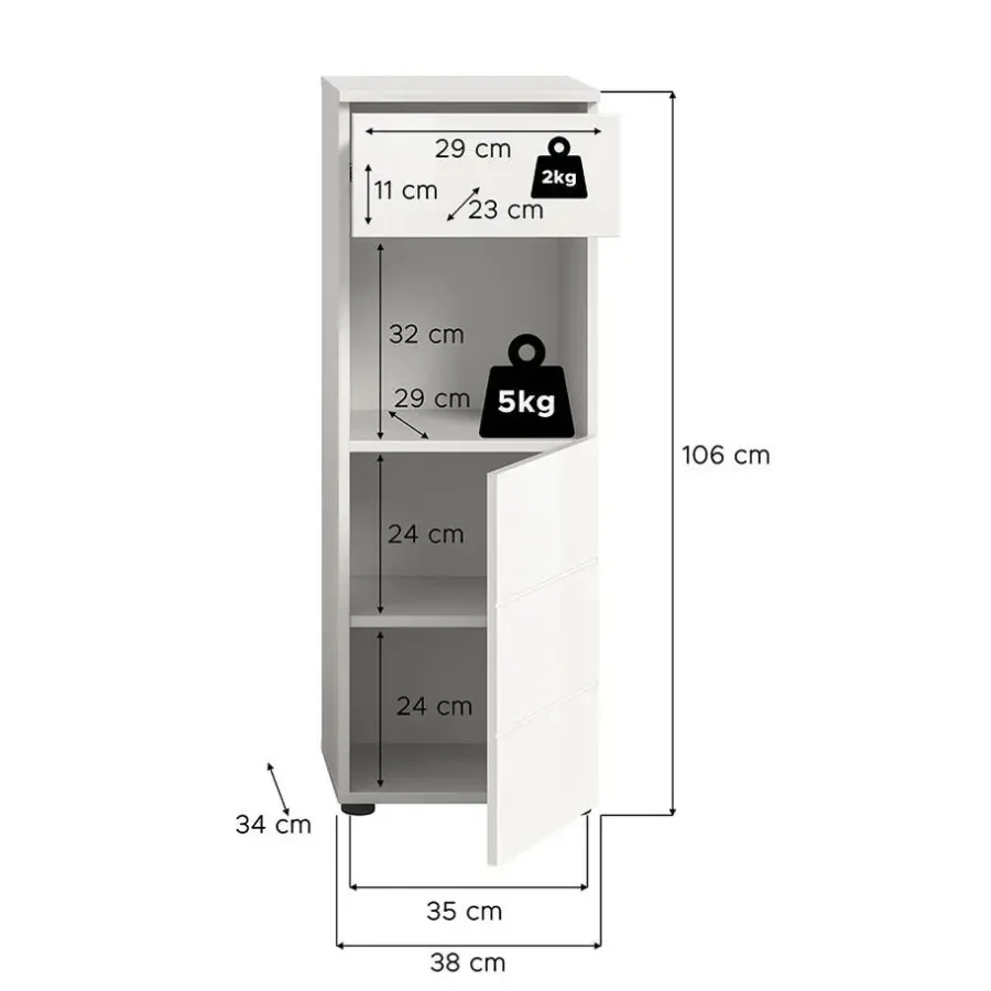 Hioshop Vira badkamerkast 1 lade 1 deur 1 vak wit hoogglans- wit