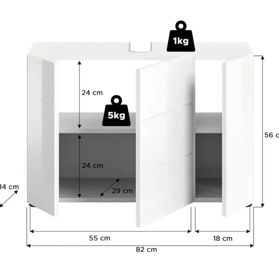 Wastafelkasten-Merkloos Hioshop Vira wastafel 3 deuren- 5 lades wit hoogglans- wit