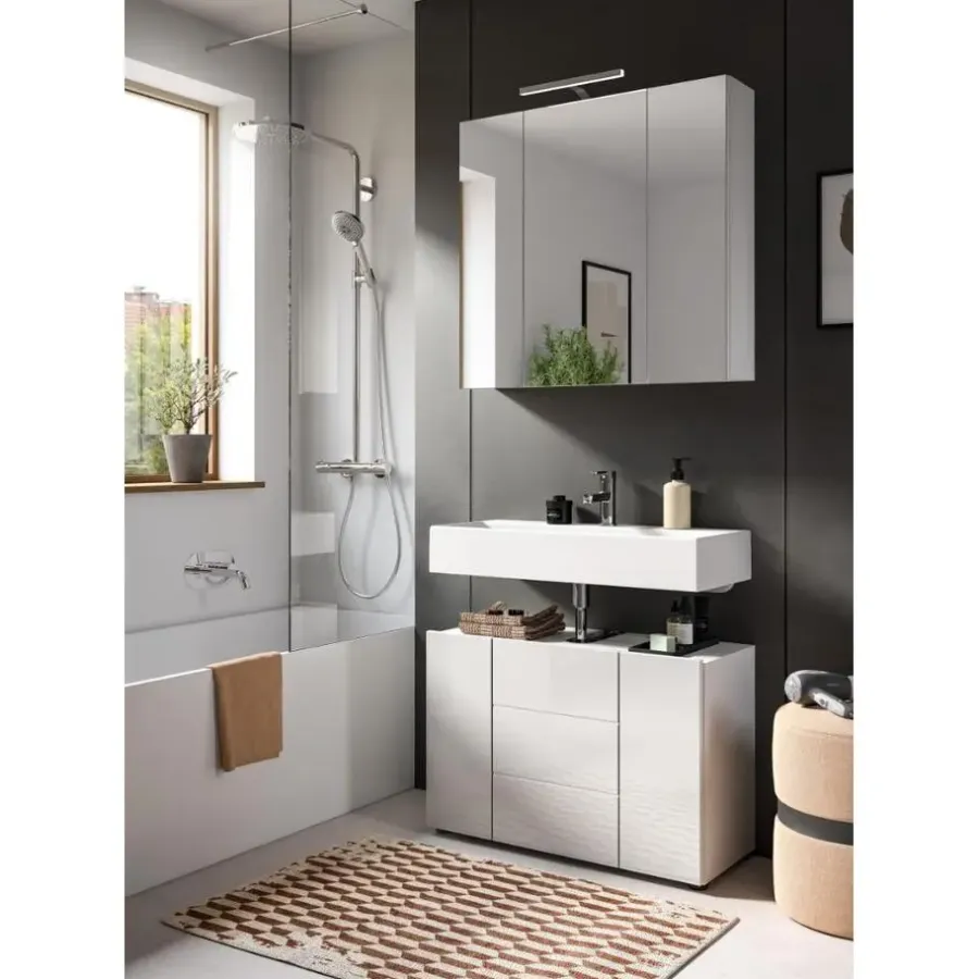 Wastafelkasten-Merkloos Hioshop Vira wastafel 3 deuren- 5 lades wit hoogglans- wit