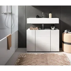 Wastafelkasten-Merkloos Hioshop Vira wastafel 3 deuren- 5 lades wit hoogglans- wit