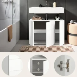 Wastafelkasten-Merkloos Hioshop Vira wastafel 3 deuren- 5 lades wit hoogglans- wit