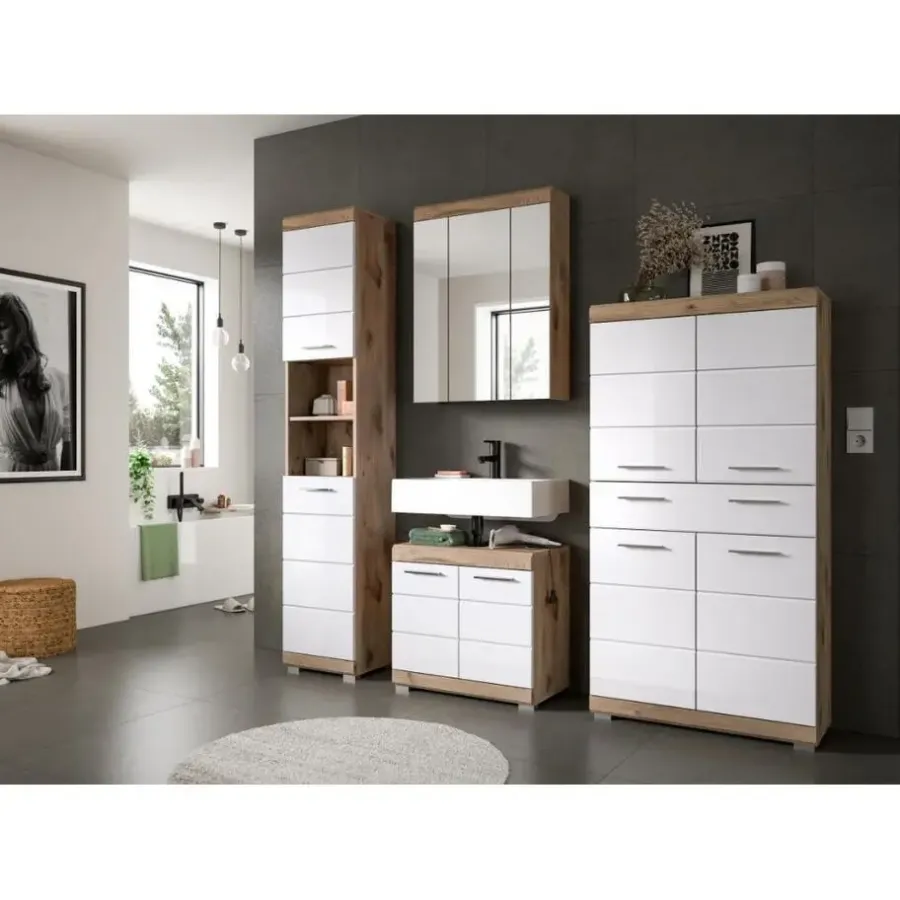 Wastafelkasten-Merkloos Hioshop Wave wastafel 2 deuren wit hoogglans- eiken decor