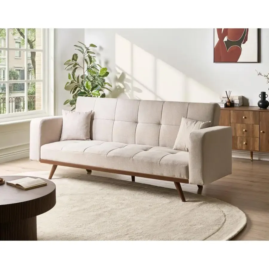 Slaapbanken|Slaapbanken-Leen Bakker HJULBY - Driezitsbank - Lichtbeige - Polyester