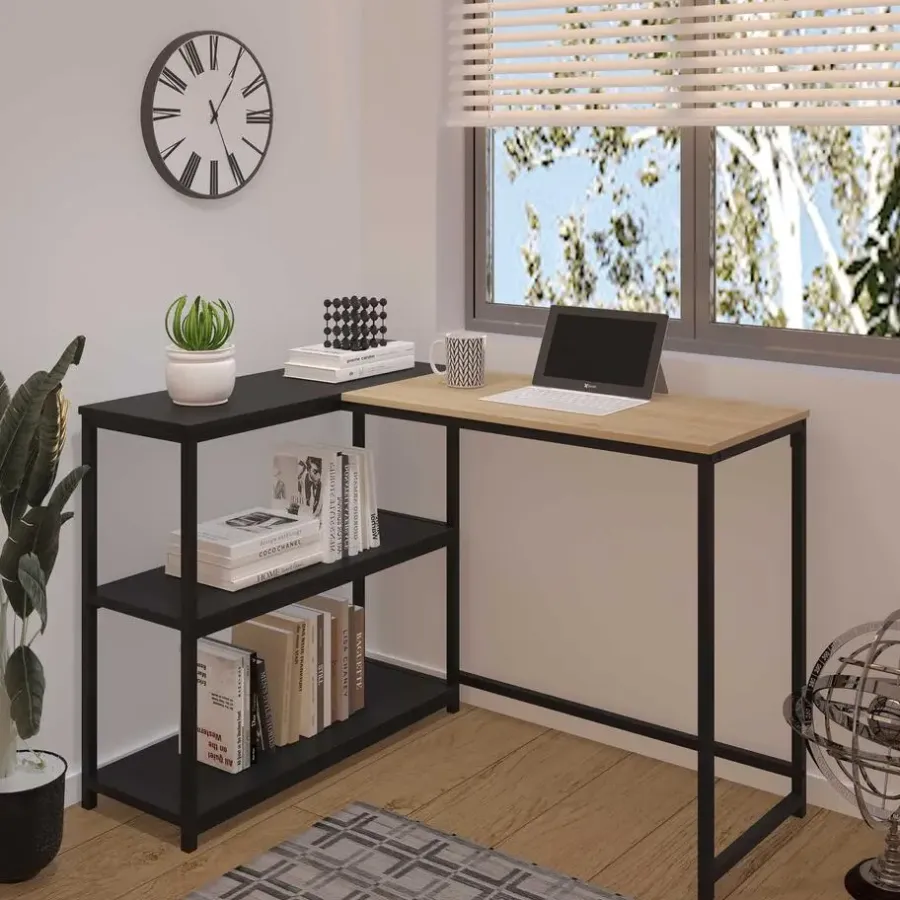 Hoekbureaus-Emob Exclusive Hoekbureau Schmitt - 110x80x76cm - met opbergruimte - eikdecor/zwart