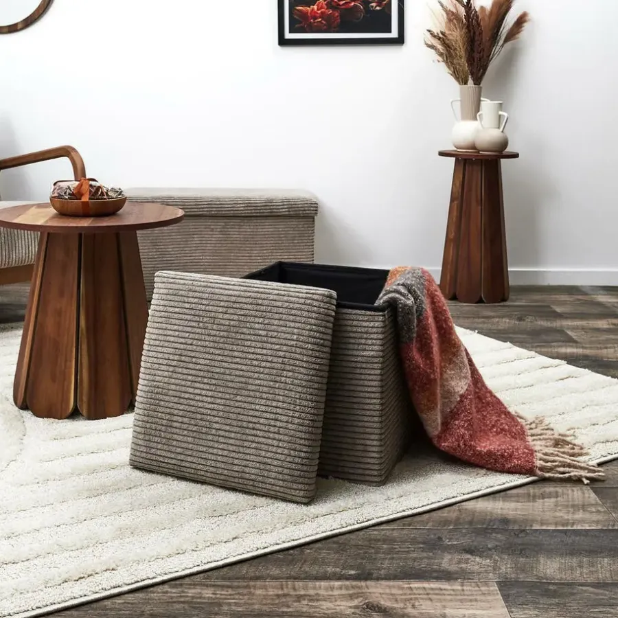 The Home Deco Factory Home Deco - Poefje - opbergbox - rib - zacht taupe - 38 x 38cm