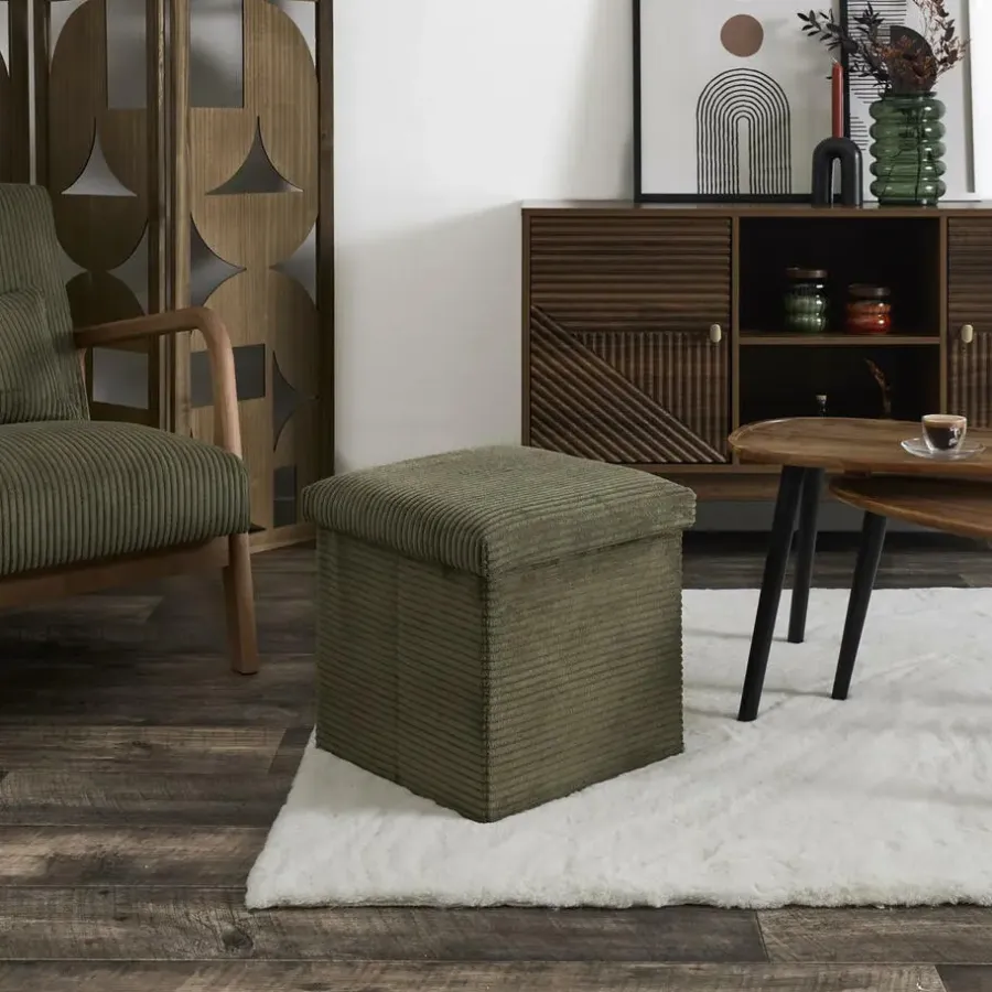 Leen Bakker Home Deco - Poefje - opbergbox - rib - groen - 38 x 38cm