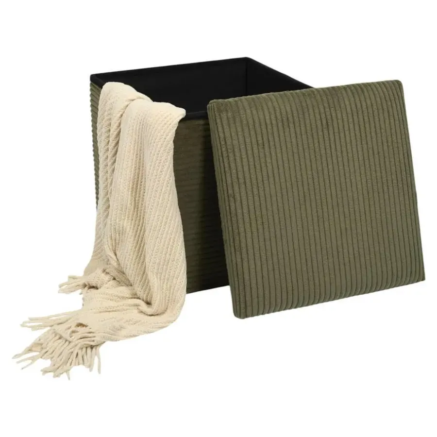 Leen Bakker Home Deco - Poefje - opbergbox - rib - groen - 38 x 38cm