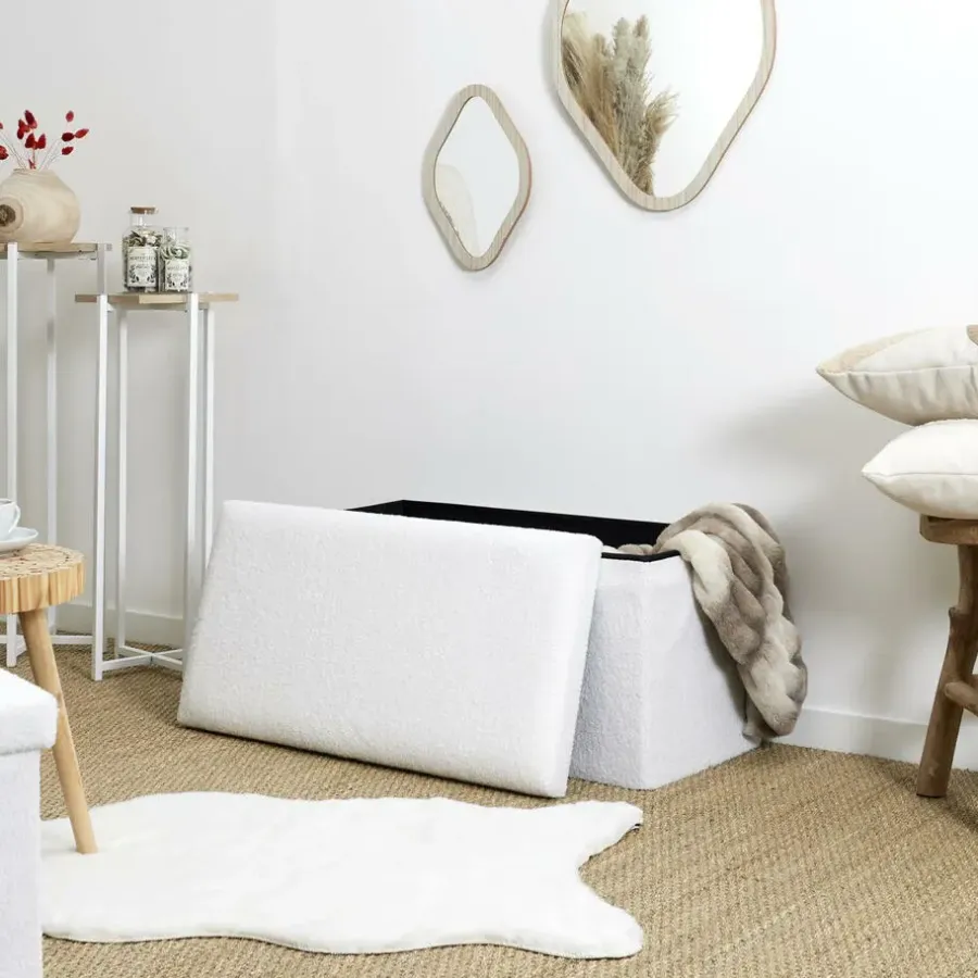 The Home Deco Factory Home Deco Poef - MDF/polyester - Natuurlijk - wit - 76 x 38 cm