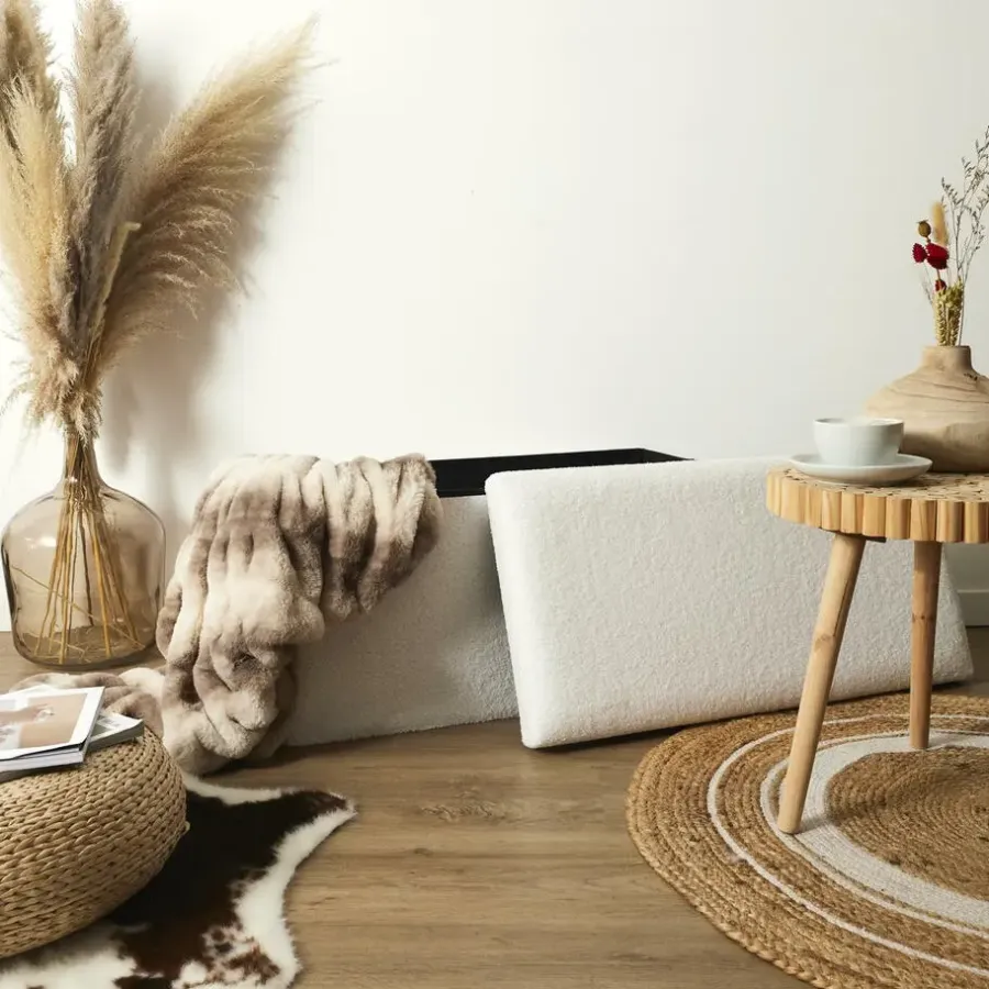 The Home Deco Factory Home Deco Poef - MDF/polyester - Natuurlijk - wit - 76 x 38 cm