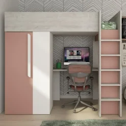 Kinderbedden-Trasman Hoogslaper Beau 90x200 met bureau & kast - oudroze