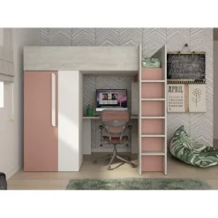 Kinderbedden-Trasman Hoogslaper Beau 90x200 met bureau & kast - oudroze