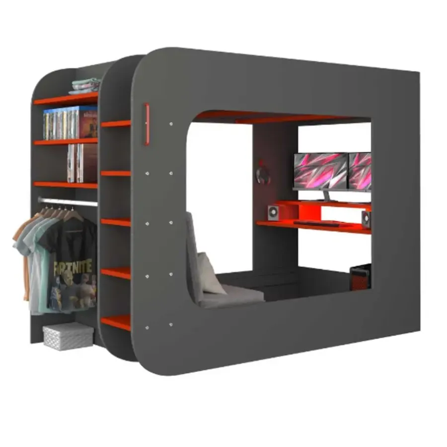 Trasman Hoogslaper Graham met gamebureau 120x200cm - antraciet/rood