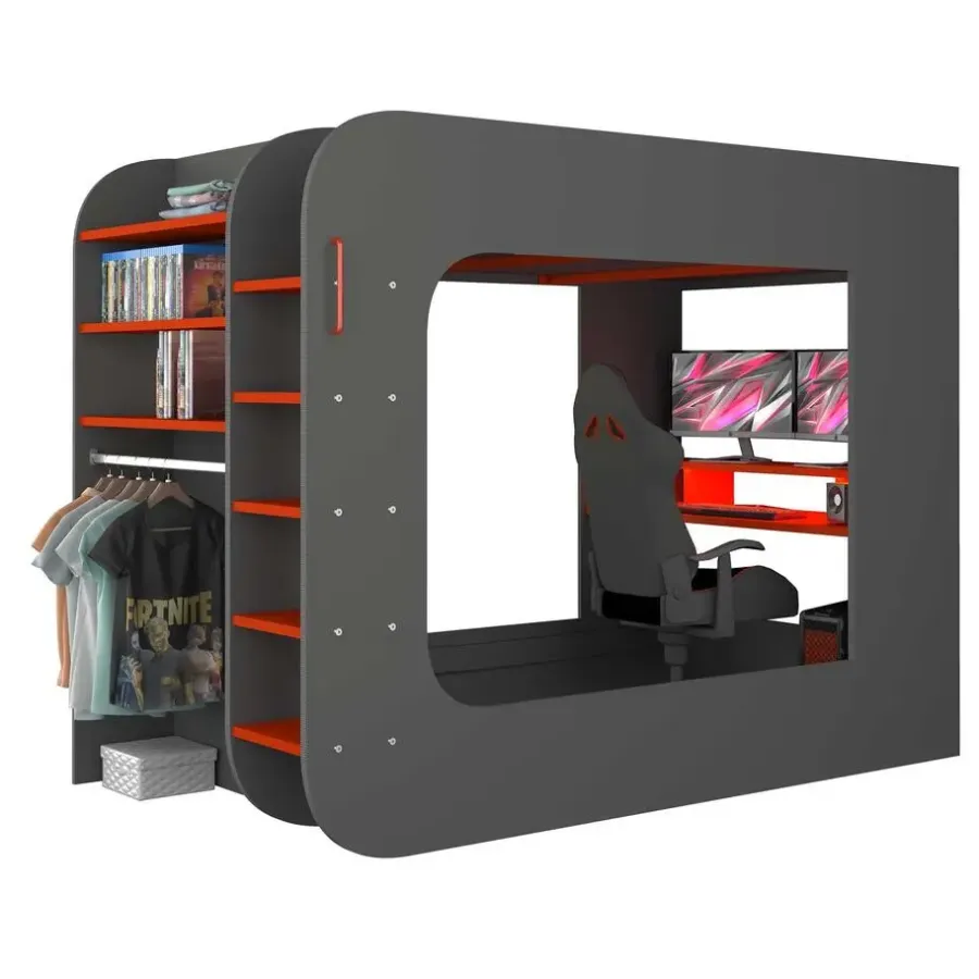 Trasman Hoogslaper Graham met gamebureau 120x200cm - antraciet/rood