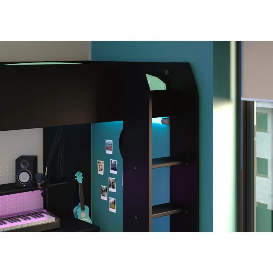 Kinderbedden-Leen Bakker Hoogslaper Justin met LED - zwart - 90x200 cm
