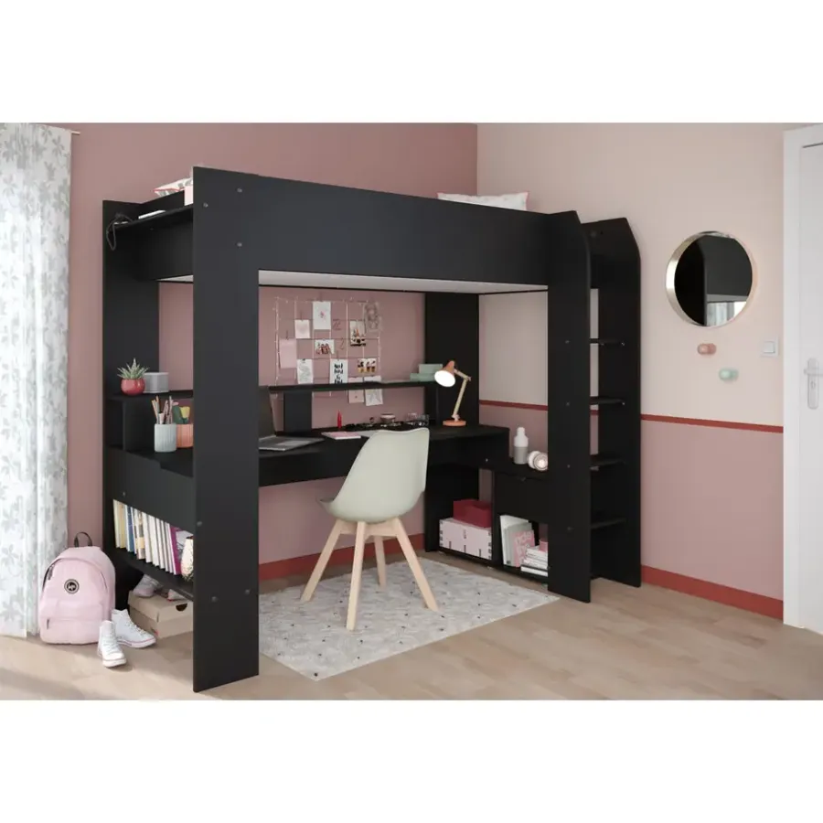 Kinderbedden-Leen Bakker Hoogslaper Justin met LED - zwart - 90x200 cm