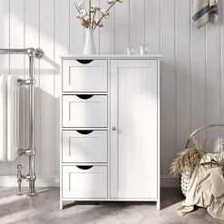 Hoge Kasten-ACAZA Houten Badkamer Buffet met 4 laden - Vrijstaand - Wit