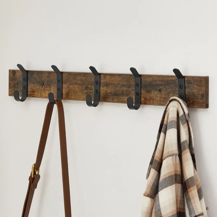Kapstokken-Merkloos Houten Wandkapstok met 10 Haken - Compacte Muur Kapstok - Vintage Bruin / Zwart