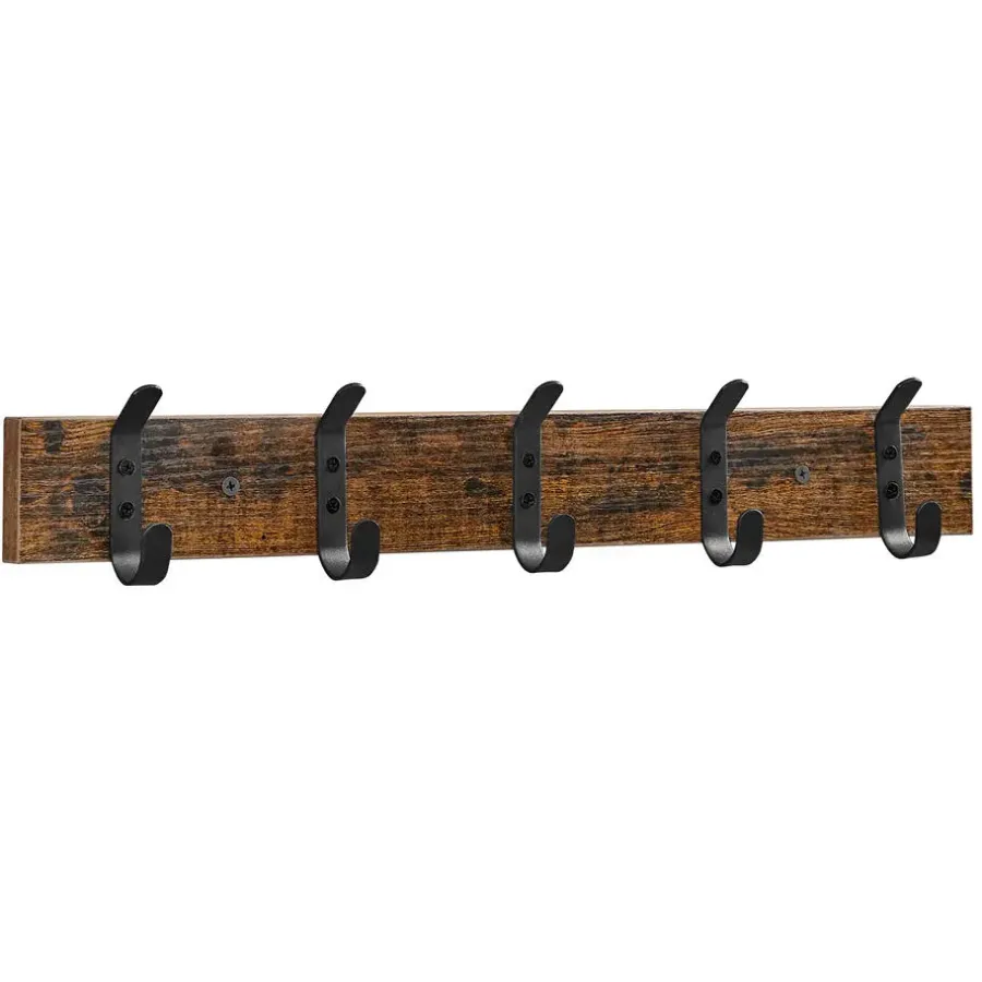 Kapstokken-Merkloos Houten Wandkapstok met 10 Haken - Compacte Muur Kapstok - Vintage Bruin / Zwart