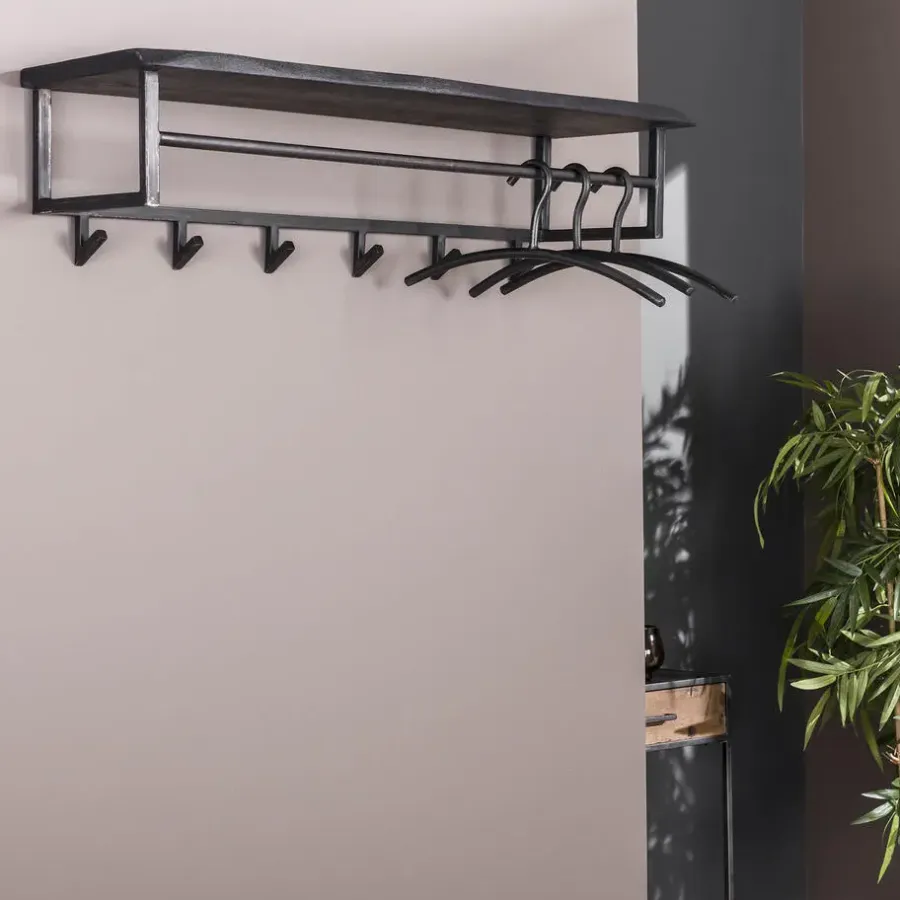 Kapstokken-Hoyz Collection Hoyz - Kapstok Yucon - 6 Haken - Massief Acaciahout - Zwart - 100x30x27