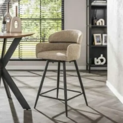 Barkrukken-Hoyz Collection - Barstoel Draaibaar Boucle Ronde Rug 2 Stuks - Boucle Zandkleur
