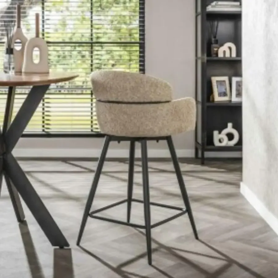 Barkrukken-Hoyz Collection - Barstoel Draaibaar Boucle Ronde Rug 2 Stuks - Boucle Zandkleur