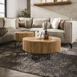 Hoyz Collection - Salontafel Wave Rond - Massief Mango Zandkleur - Set van 2