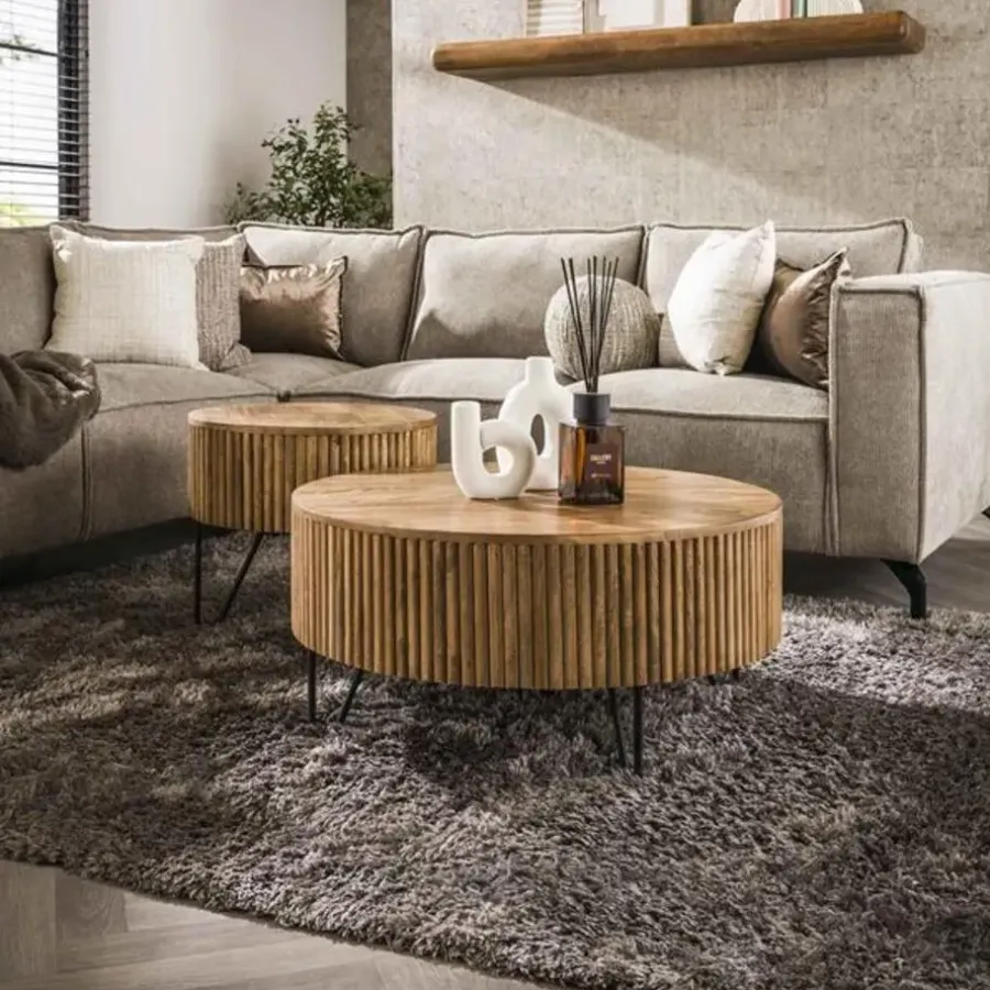 Hoyz Collection - Salontafel Wave Rond - Massief Mango Zandkleur - Set van 2