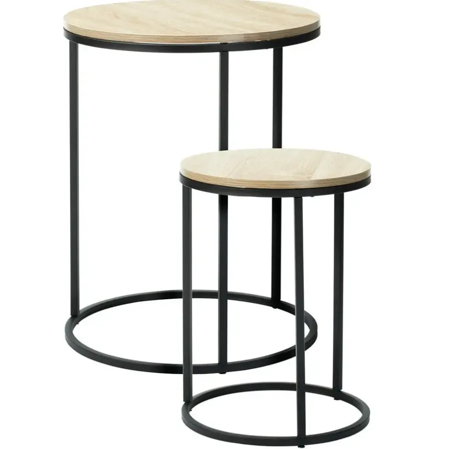 Home & Styling H&S Bijzettafeltjes set 2x - zwart/naturel - D40 x H50/D30 x H40 cm