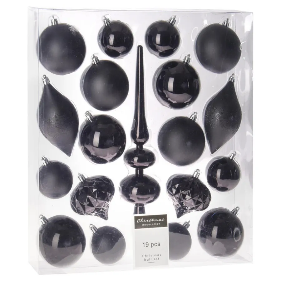 Merkloos H&S Kerstballen met piek - 19st - kunststof - zwart - 6-8-13 cm