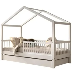 Kinderbedden-Vipack Huisbed Forrest 90x200cm met bedhekje en bedlade - wit beukenhout