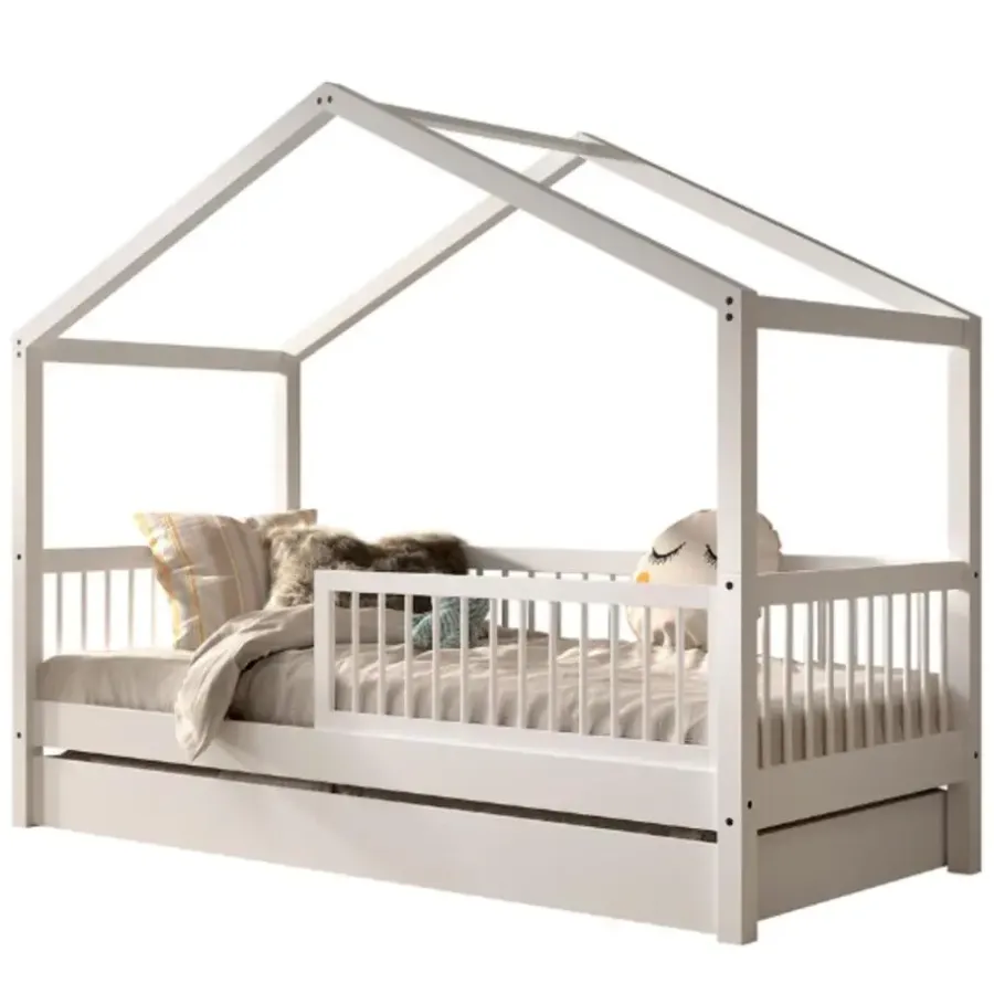 Kinderbedden-Vipack Huisbed Forrest 90x200cm met bedhekje en bedlade - wit beukenhout