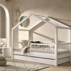 Kinderbedden-Vipack Huisbed Forrest 90x200cm met bedhekje en bedlade - wit beukenhout
