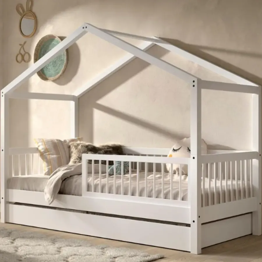 Kinderbedden-Vipack Huisbed Forrest 90x200cm met bedhekje en bedlade - wit beukenhout