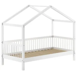 Kinderbedden-Vipack Huisbed Forrest 90x200cm met bedhekje en bedlade - wit beukenhout
