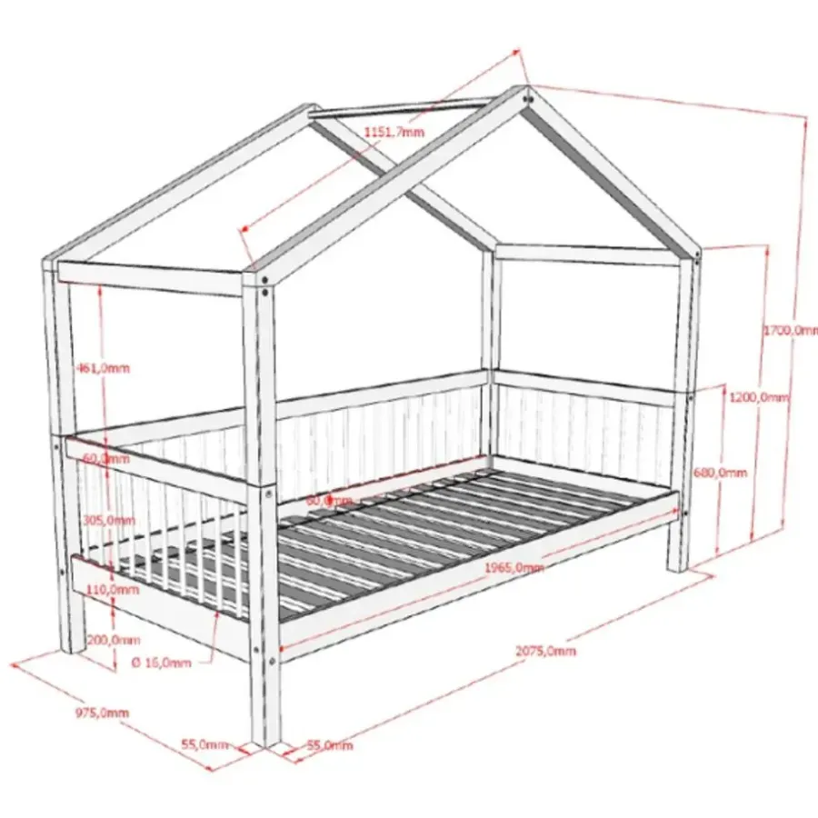 Kinderbedden-Vipack Huisbed Forrest 90x200cm met bedhekje en bedlade - wit beukenhout