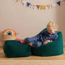 Zitzakken-icon - Natalia Kinderzitzak Stoel met Poef - Ribfluweel - Blauwgroen