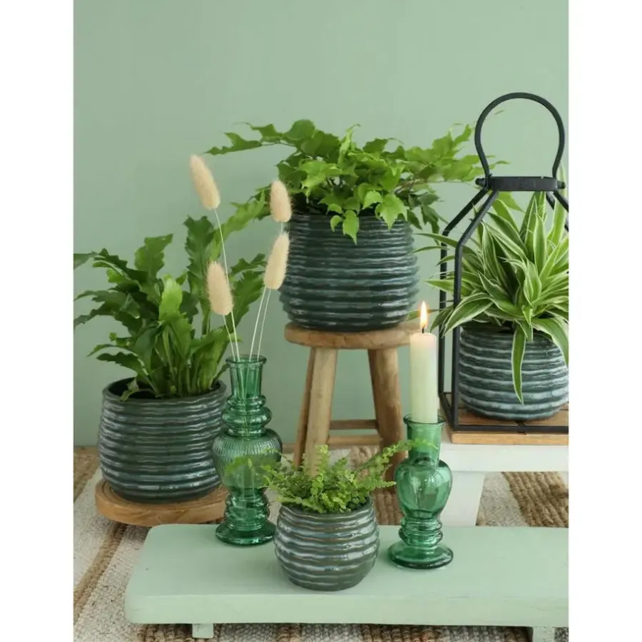 Bloempotten Voor Binnen-Ideas 4 Seasons Ideas4seasons Plantenpot ribbel - donkergroen - D14 x H10 cm